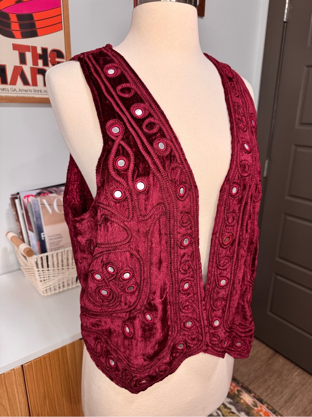 Free People Raga Esmerelda Embroidered Vest Velvet Maroon Burgundy Mirror Small